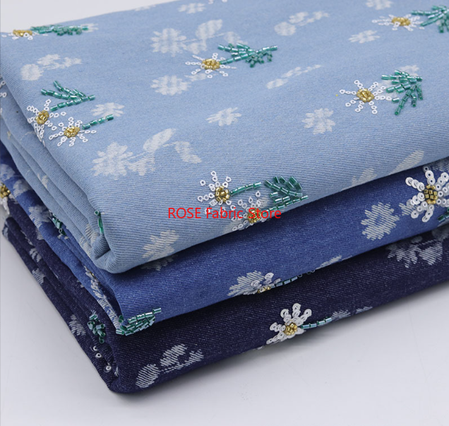 Sewing Jackets - Daisy Sequin Bead Embroidery Blue Denim