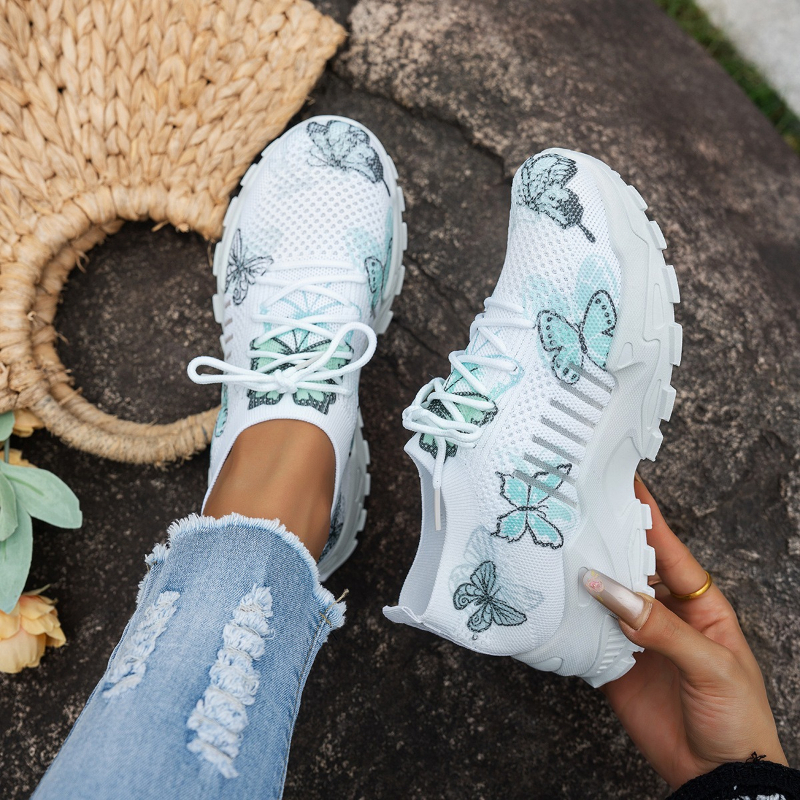 Sewing Cloth - Women Butterfly Print Mesh Sneakers White